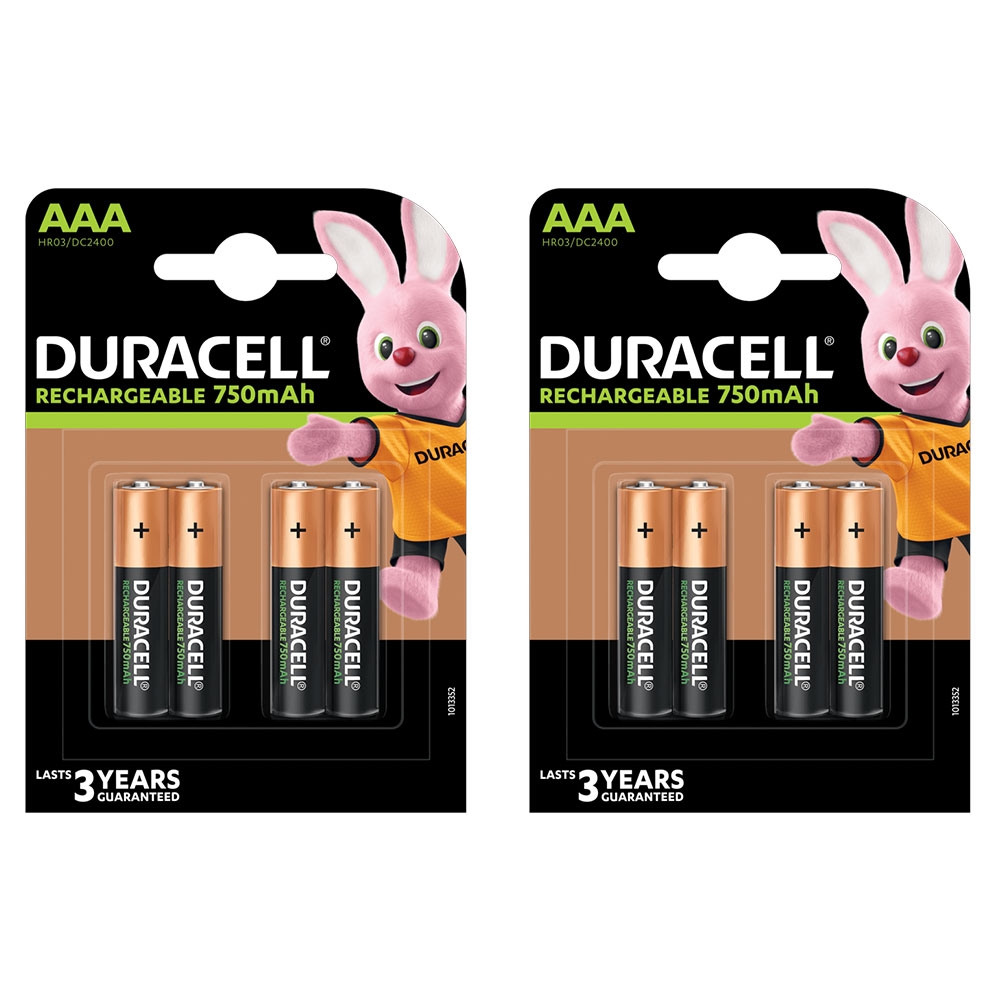 Duracell AAA Rechargeable Batteries NiMH Recharge Plus Stay Charged 750mAh - Value 8 Pack
