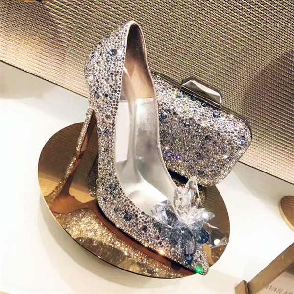 Bling Women Celebrity Top Grade Cinderella Crystal High Heels Bridal Rhinestone Wedding Shoes Sexy Pointed Toe Crystal Flower Pumps