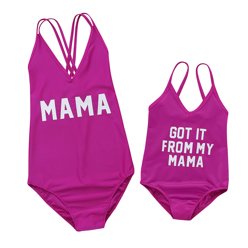 Solid Letter Print Swimsuit for Mommy and Me