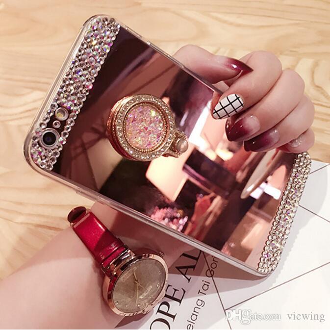 Bling Diamond Mirror Cellphone Case Hard Protective Cover With Ring Holder Stand For iPhone 5/5s 6/6s 7/7 plus Samsung S 4/5/6/7 S8/S8 Plus