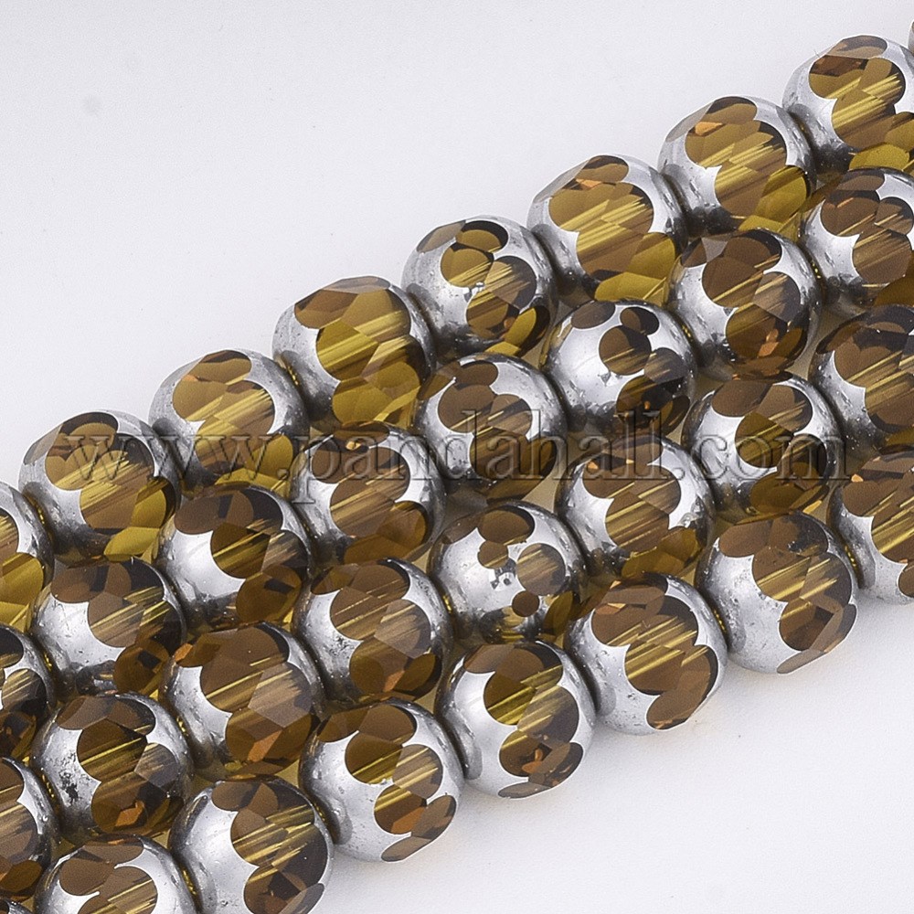 Electroplate Glass Beads Strands, Half Silver Plated, Faceted, Round, Goldenrod, 8~8.5x7~8mm, Hole: 1mm; about 40pcs/strand, 11.8