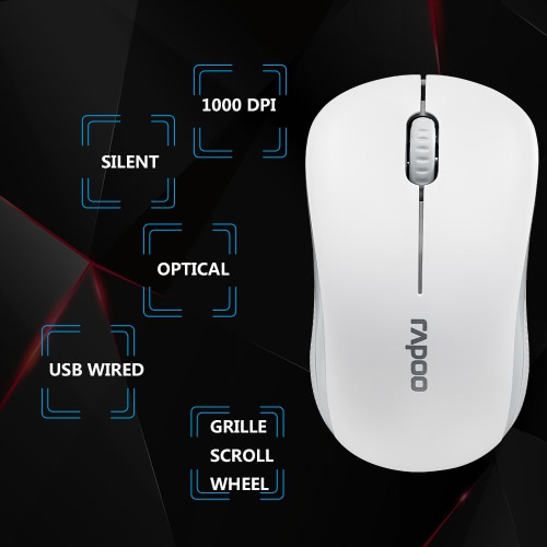Rapoo N1130 USB Wired Optical Mouse Silent Mice 1000 DPI for Mac PC Laptop Computer