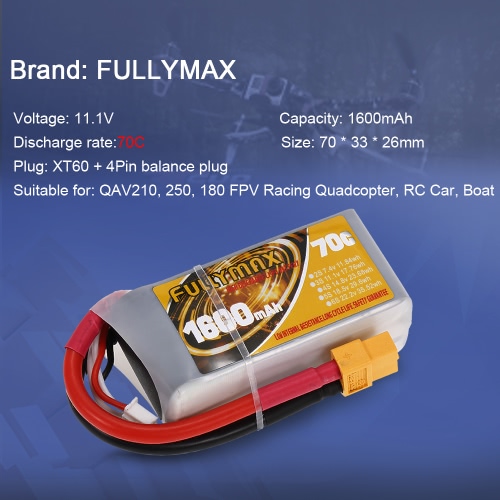 FULLYMAX 3S 11.1V 1600mAh 70C High Rate XT60 Plug LiPo Battery for QAV250 H210 LS180 FPV Racing Quadcopter RC Car Boat