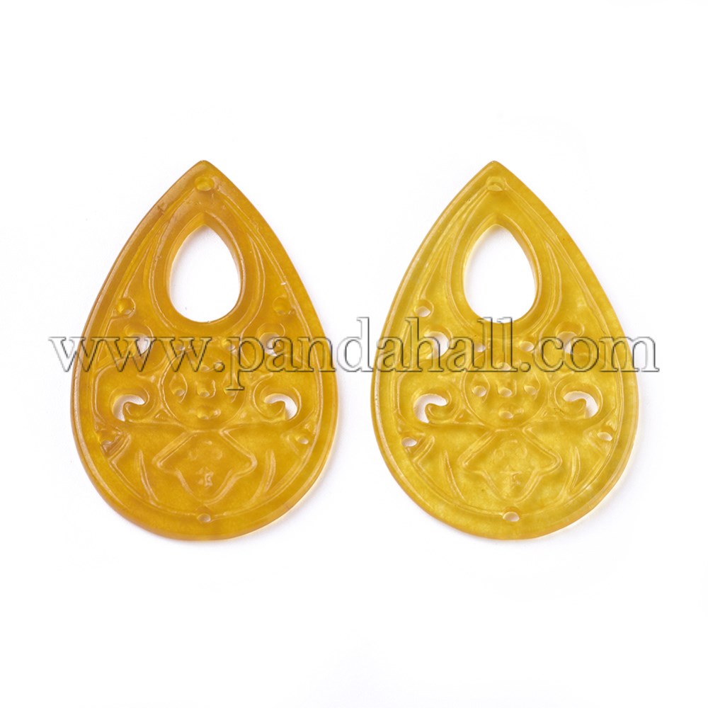 Carved Natural White Jade Pendants, Dyed, Teardrop, Goldenrod, 41~41.5x27x2~3mm, Hole: 1.2~1.4mm