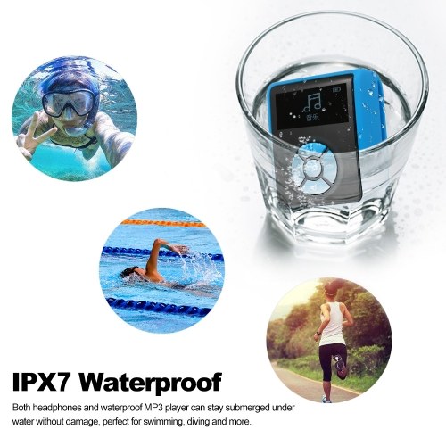 IPX7 Reproductor de MP3 a prueba de agua Reproductor de música de 8GB con auriculares Radio FM para natación Correr Buceo Soporte Podómetro