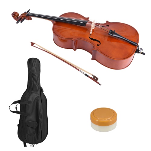 1/2 Wooden Cello Gloss Finish Basswood Face Board with Bow Rosin Carrying Bag for Students Music Lovers