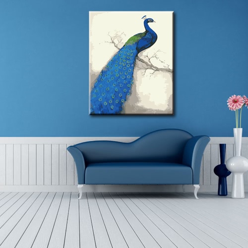DIY Unframed Oil Painting by Numbers Kit Hand Painted Picture Handwork Acrylic Paint Blue Peacock Pattern Decoration for Home Living Room Bedroom Office Art Paintings 16*20