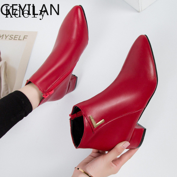 2019 Fashion Women Boots Casual Leather Low High Heels Spring Shoes Woman Pointed Toe Rubber Ankle Boots Black Red Zapatos Mujer
