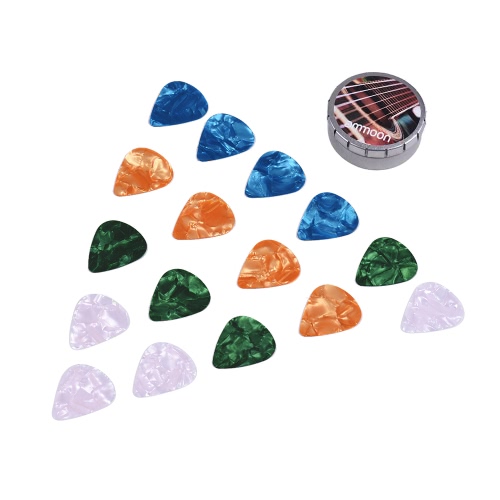 ammoon Guitar Picks 16pcs Celluloid picks 4 Colors 4 Thickness with Metal Storage Box for Acoustic Folk Guitars