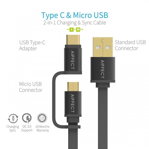AIFFECT 2 Pack 3.3Ft USB 2.0 to Micro USB / Type C Charging Cable Sync Data Line Cord for Samsung 2-in-1