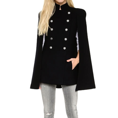 Winter Women Cape Cloak Double Breasted Irregular Hem Side Pockets Sleeveless Outwear Coat Black