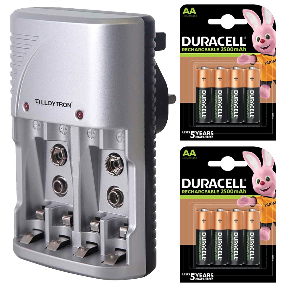 Lloytron AA and AAA Battery Charger with 8 Duracell AA 2500mAh Rechargeable Batteries