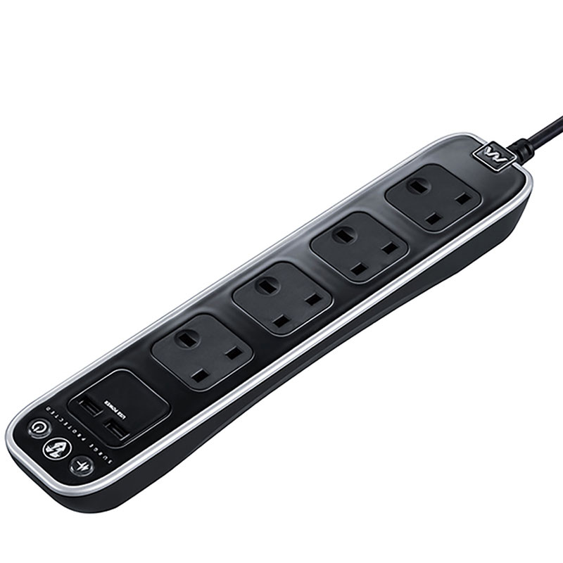 Masterplug Surge Protected 1M 13A 4 Sockets Extension Lead + USB Gloss Black