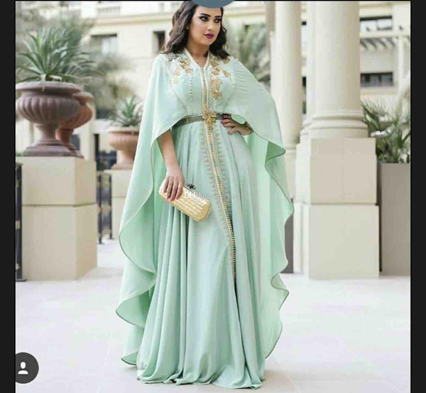2019 Mint Green Caftan Evening Dresses Long Sleeve Gold Appliques Embroidery Zipper Kaftan Prom Gowns Arabic Abaya Plus Size Formal Dress