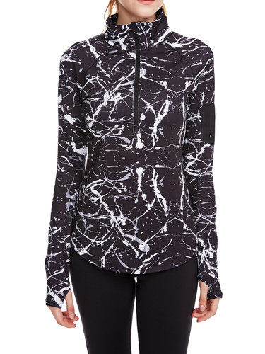 Black Abstract Paneled Zipper Stand Collar Breathable Jacket