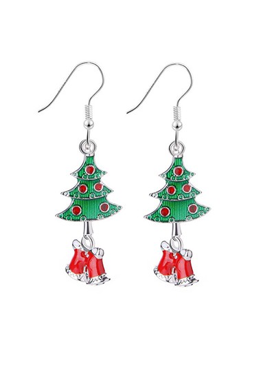 Christmas Bell and Tree Pendant Silver Metal Earrings