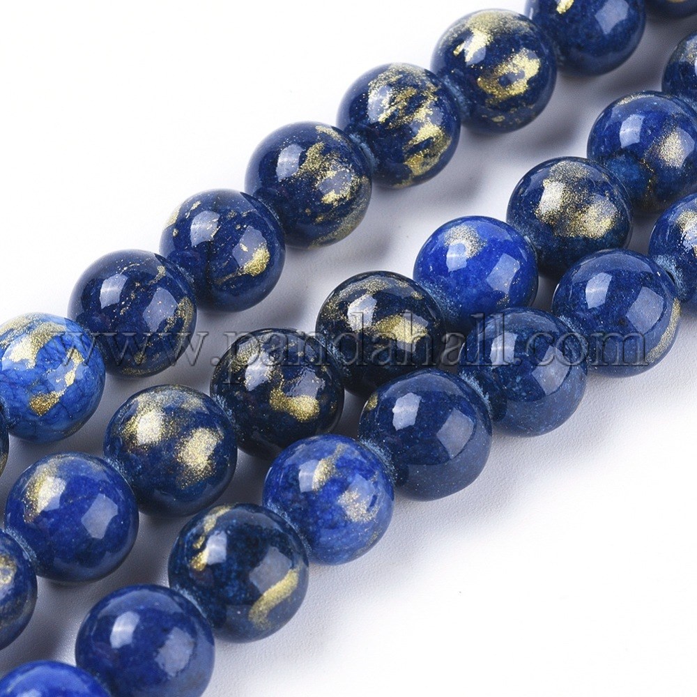 Natural Jade Beads Strands, Dyed, Golden Plated, Round, MediumBlue, 12mm, Hole: 1mm; about 33pcs/strand, 15.75