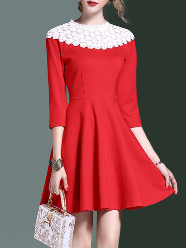 Red Elegant Stand Collar Color-block Mini Dress