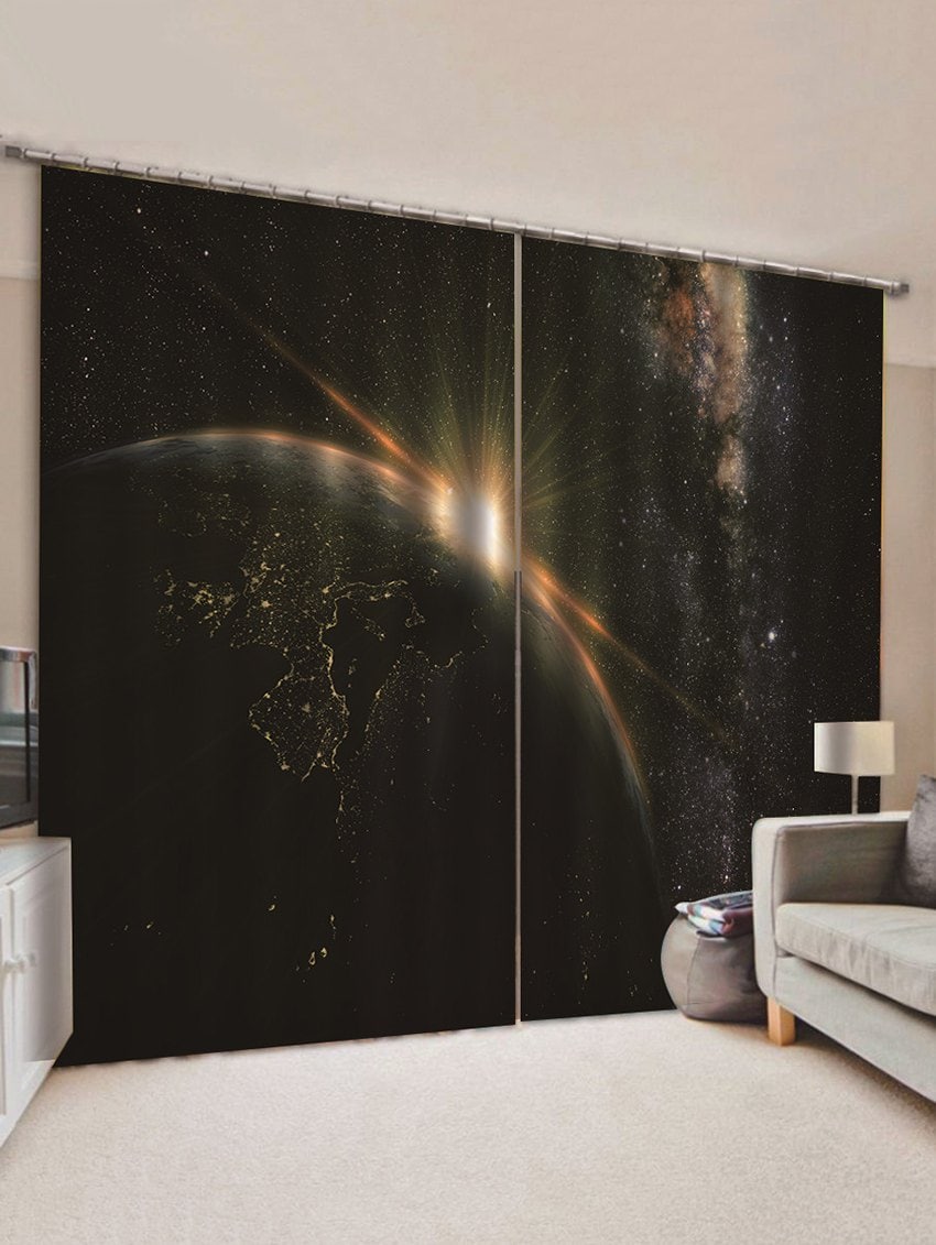 2 Panels Galaxy Planet Print Window Curtains