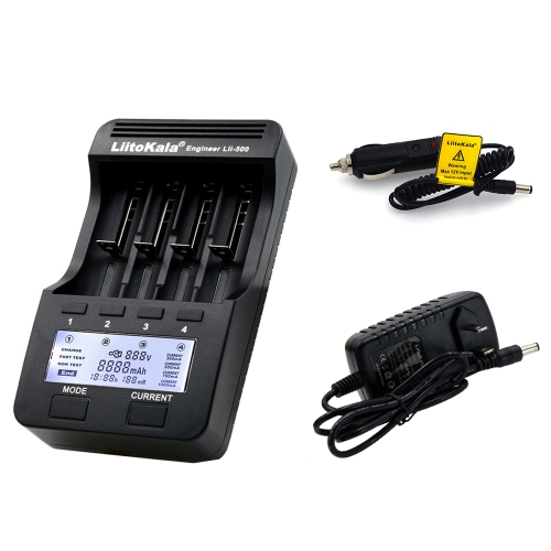 LiitoKala Lii-500 4 Slots LCD Smartest Battery Charger Kit with Car Charger US Adapter