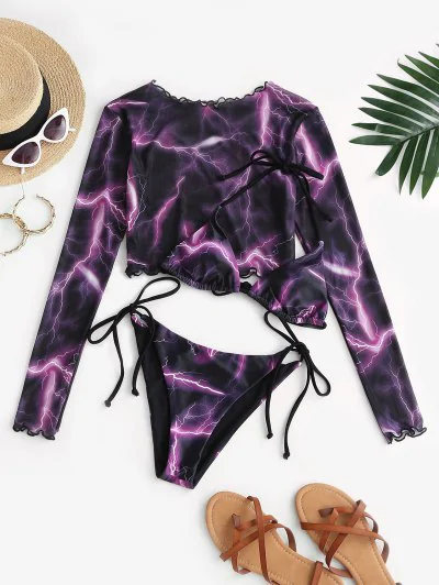 ZAFUL Lightning Print Tie Side Mesh Three Piece String Bikini Swimwear