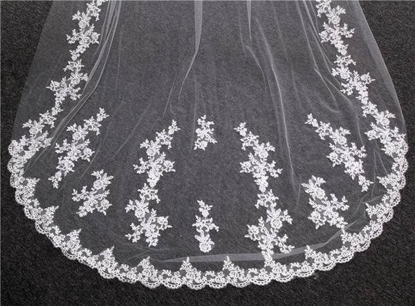 2018 New High Quality Long White Ivory Wedding Veil Appliques Lace Beaded Bridal Veils Bride Wedding Accessories For Wedding Dresses QC1204