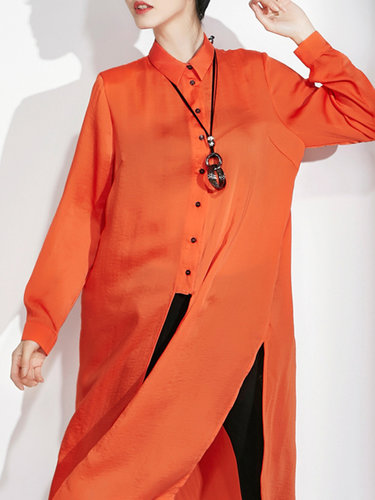 Buttoned Plain Polyester Casual Long Sleeve Tunic
