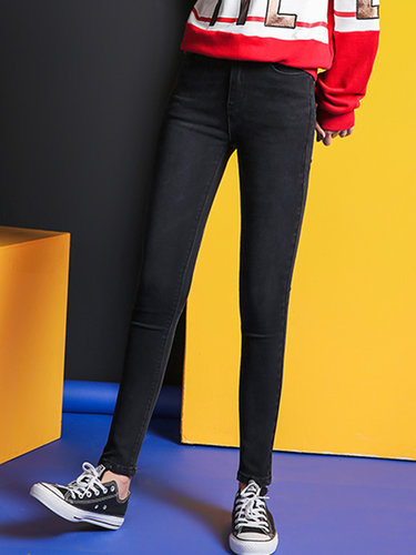 Black Solid Casual Skinny Leg Pants with Pockets