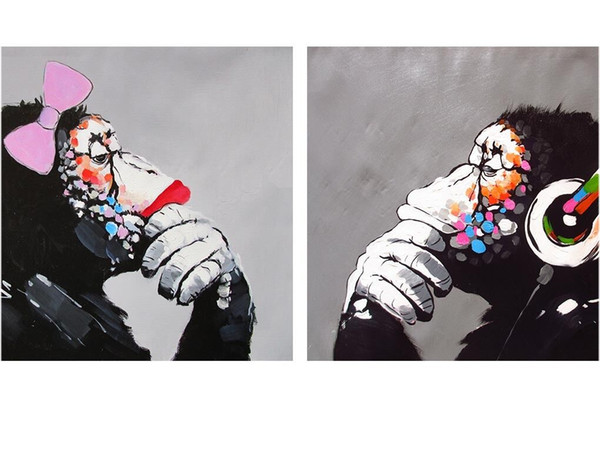 2 pieces banksy street art lady girl and dj monkey home decor handpainted &hd print oil painting on canvas wall art canvas pictures 200217