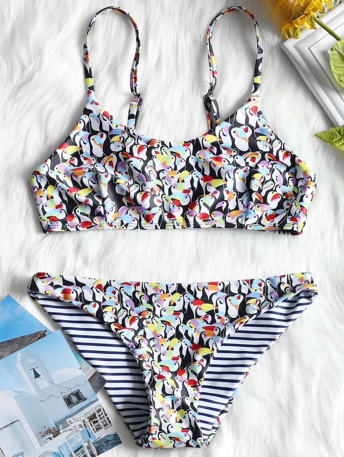 Penguin Print Flounce Bralette Bikini Set