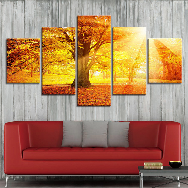 gold tree sunset canvas pictures framework hd prints poster 5 piece landscape paintings modular home decoration wall art