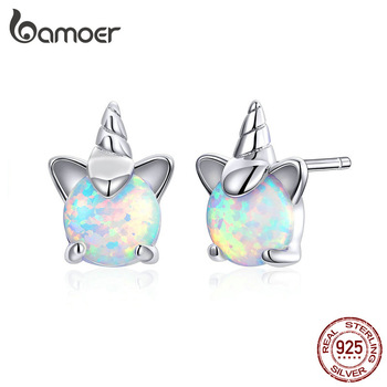 bamoer Genuine 925 Sterling Silver White Opal Licorne Animal Stud Earrings for Women Hypoallergenic  Earings for Kids SCE737