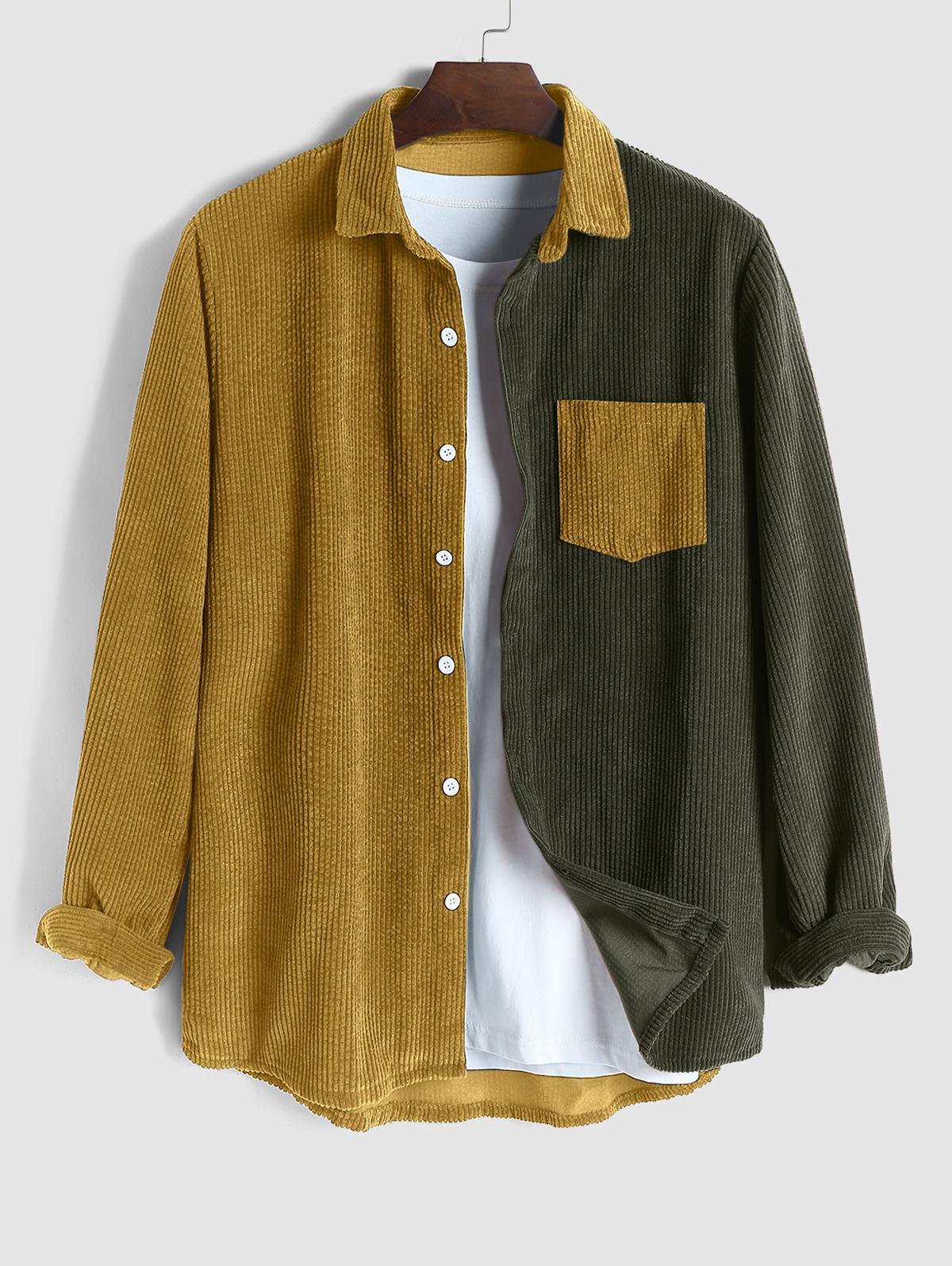ZAFUL Men's Colorblock Pattern Corduroy Long Sleeves Shirt S Deep green