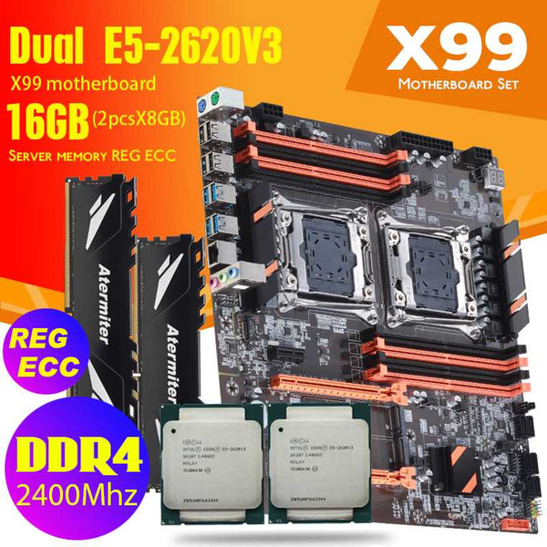 DDR4 Dual X99 Motherboard with 2011-3 XEON E5 2620 V3*2 with 2* 8GB = 16GB 2400MHz REG ECC memory RAM combo kit USB