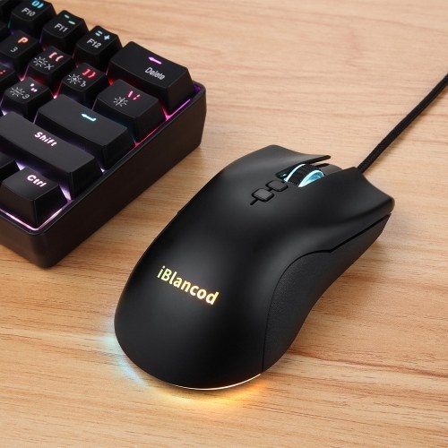 iBlancod M1 Wired Optical Gaming Mouse mit 6 RGB-Beleuchtungsmodi 6 einstellbare DPI-Pegel Plug-and-Play-Kompatibilität Schwarz