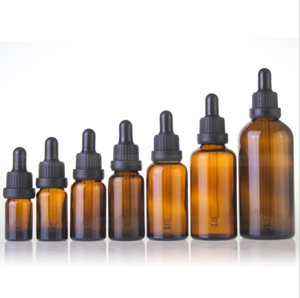 Wholesale 5ml 10ml 15ml 30ml 50ml 100ml Amber Glass Dropper Bottles For Essential Oil Perfume Cosmeti With Black Dropper Caps