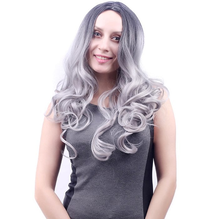 Female Black Gradient Gray Long Curly Hair Big Wave Wig Headgear