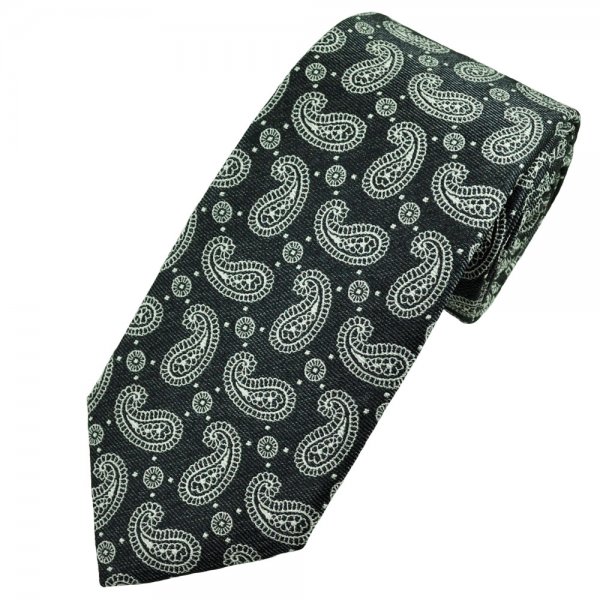Profuomo Grey & Silver Paisley Patterned Men's Silk Designer Tie