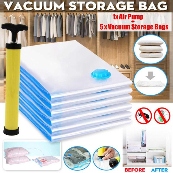 5pcs Folding Vacuum Storage Bags+Hand Pump for Clothes Storage Bag Home Vacuum Bag Transparent Compressed Organizer Seal Bags