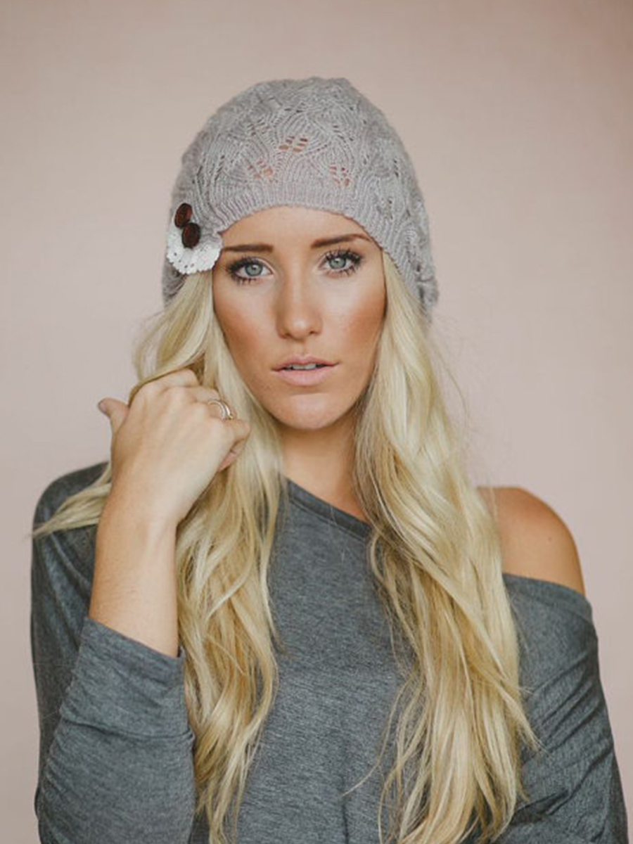 Decorative Button Plain Hollow Out Knitted Hat