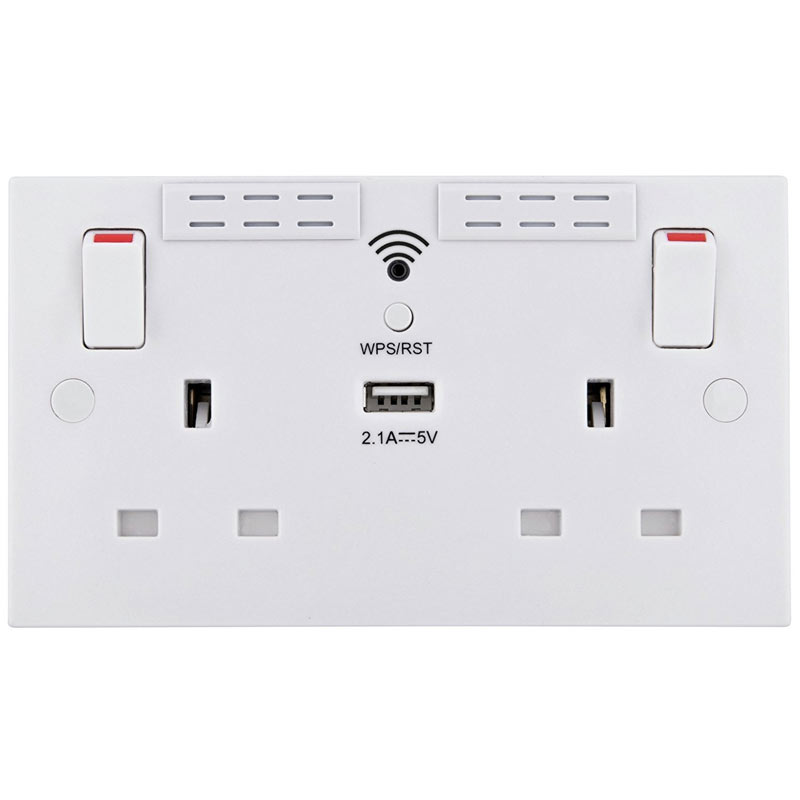 British General Wi-Fi Extender Switched Double Socket + USB Port - White