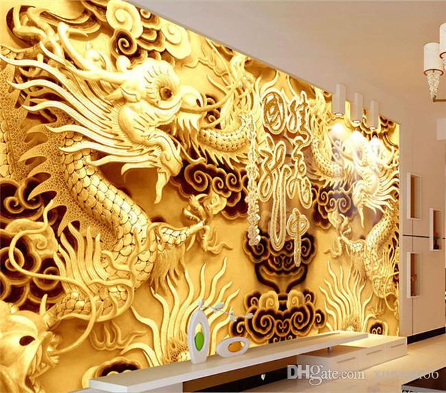 3D Golden Dragons Photo Wallpaper Woodcut Wall mural Chinese style wallpaper Art Room decor Kids Sofa background wall Restaurant Decoration