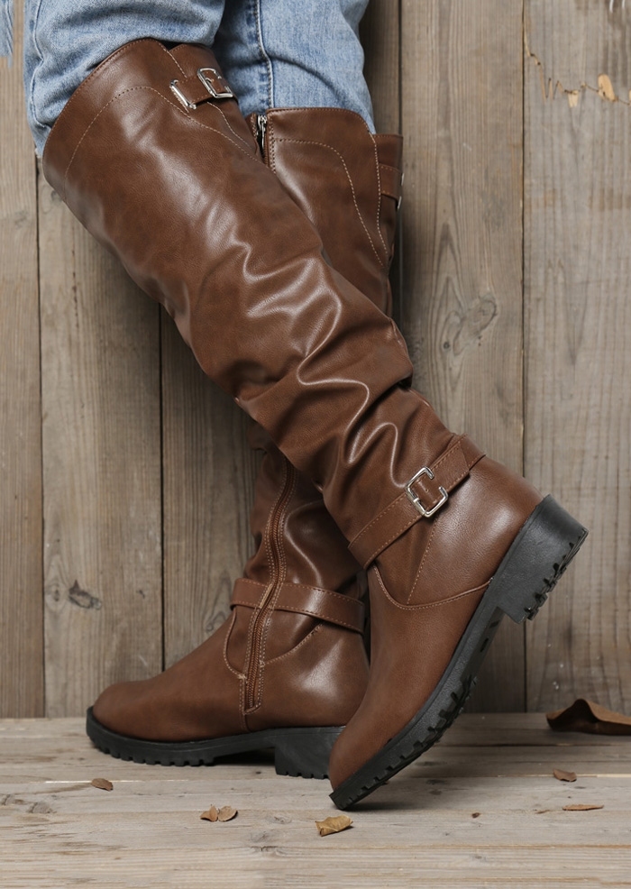 Solid Buckle Strap Round Toe Boots