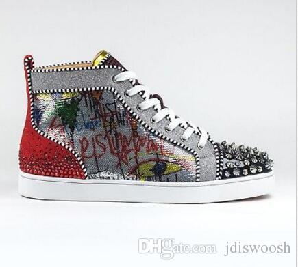 [Real Photo]Women Red Bottom Sneakers Men Shoes Luxury Print Silver Pik Pik No Limit RARE studs and rhinestones Sequin graffiti Glitter red