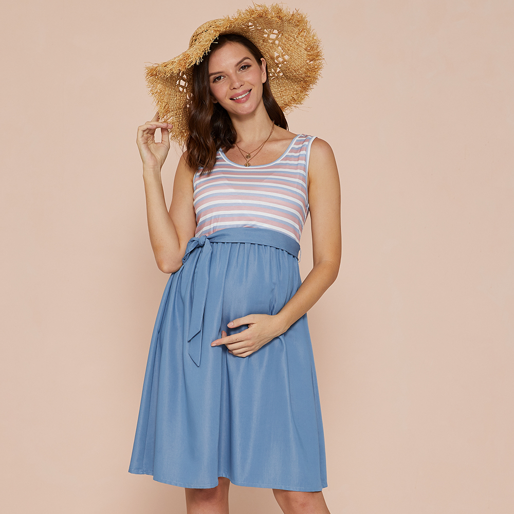 Maternity Round collar Stripes full print Blue Knee length Tunic Sleeveless Nursing Dress