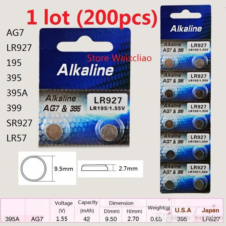200pcs 1 lot AG7 LR927 195 395 395A 399 SR927 LR57 1.55V alkaline button cell battery coin batteries Free Shipping