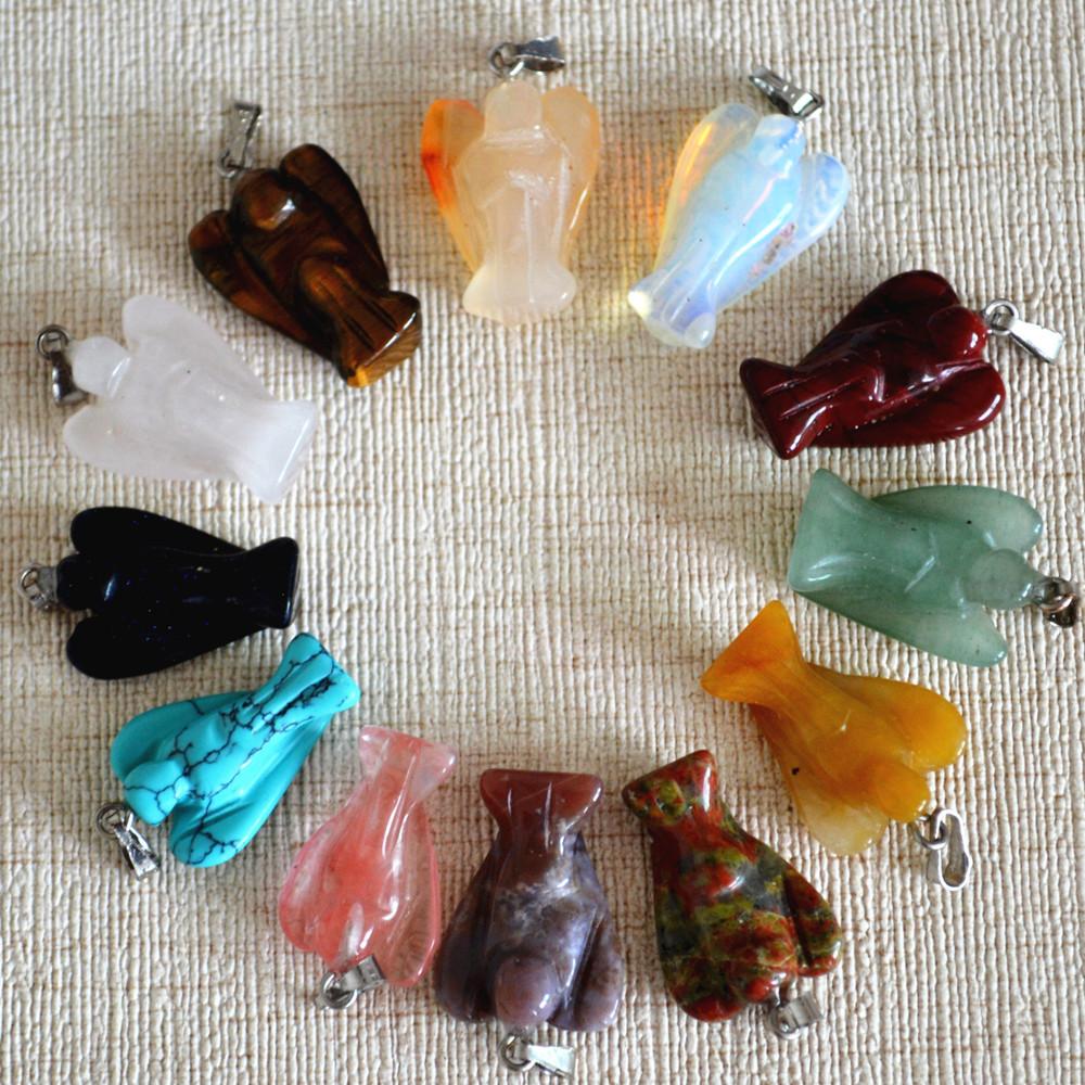 New Hot Selling Fashion Carved Mixed natural Stone Angel Charms Pendants for Necklace making jewelry 12pcs Wholesale lots