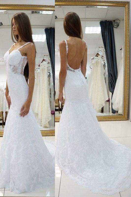 White Straps Simple Lace Mermaid Wedding Dress With Train