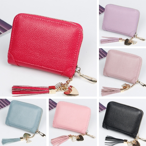 Women Genuine Leather Card Holder Mini Wallet Tassel Pendant Zip Coin Purse Credit Card Case