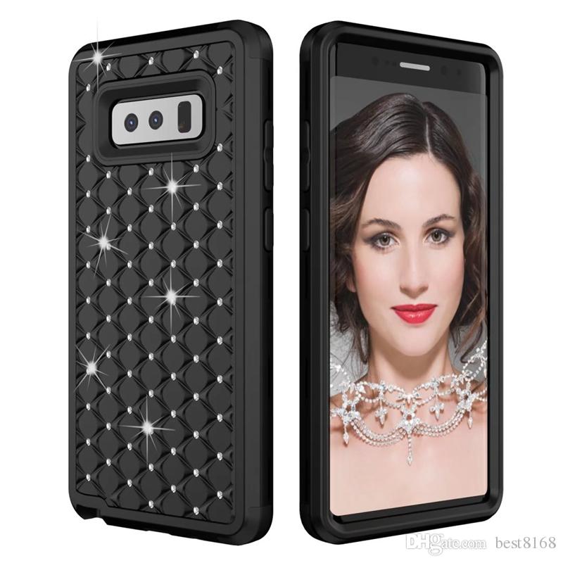 Shockproof Bling Diamond Armor Case For Galaxy Note8 Note 8 Starry Star Rhinestone Hybrid Hard Plastic+TPU Heavy Duty Dual Checkered Cover